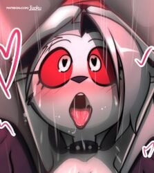 ahe_gao anthro blush blushing canid collar drooling eyelashes fluffy_cheeks furry grey_fur heart-shaped_pupils hellhound helluva_boss jizoku loona_(helluva_boss) open_mouth red_eyes spiked_collar tongue tongue_out white_fur white_hair wolf