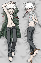 1boy ball_gag body_pillow body_pillow_design bound bound_legs bound_wrists clothed dakimakura danganronpa danganronpa_2:_goodbye_despair gag grbt_dr looking_at_viewer male male_focus male_only nagito_komaeda on_back on_bed on_side pale_skin pose restrained smooth_skin solo solo_focus tied_up top_view