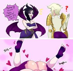 1futa 1girls artist_request ass black_hair black_hair_bottom blonde_hair blonde_hair_on_black_hair blonde_hair_top clothed domination female futa_on_female futanari incest instant_loss_2koma kayle league_of_legends legs_up light-skinned_female light_hair_on_dark_hair mating_press morgana pale-skinned_female riot_games siblings simple_background sisters source_request