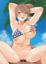 1boy absurdres american_flag_bikini beach bikini blush breasts brown_hair censored commission commissioner_upload cowgirl_position feet_out_of_frame female female_pubic_hair flag_print hands_on_another's_hips heart heart-shaped_pupils highres intrepid_(kantai_collection) kantai_collection large_breasts looking_at_viewer nipples outdoors palm_tree ponytail pubic_hair sex short_hair skeb_commission straddling straight sweat swimsuit symbol-shaped_pupils tree wasavi_8