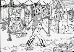 1futa aliel_kakodendron antlers areolae clothed clothing detailed_background dickgirl erect_nipples exhibitionism flaccid fully_clothed fur furry futa_focus futanari human humanoid intersex light_skin misscasual monochrome nipples nude oral penis public public_nudity village walking