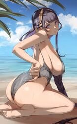 1girls ass big_ass blush breasts female female_only genshin_impact kasseusmaximus large_breasts one-piece_swimsuit raiden_shogun sagging_breasts swimsuit