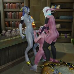 1girls 2futas 3d blowjob blue_hair breasts draenei earrings fellatio female ferlynn futa_on_female futanari horns horsecock ishari kneeling_female multicolored_hair night_elf nude nyokari oral penis pointy_ears thighhighs white_hair world_of_warcraft wrapped_hands