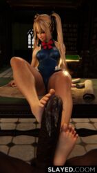 1girls 3d alternate_costume barefoot blonde blonde_hair blue_eyes blush blushing blushing_profusely bowtie breasts cock cute dark-skinned_male dark_skin dead_or_alive dead_or_alive_5 european eyeshadow feet female foot_fetish foot_focus footjob fringe huge_cock huge_penis imminent_oral interracial leaking leaking_precum long_hair maid_uniform male_pov marie_rose penis penis_out petite pigtails ribbon simple_background skinny slayed.coom slim soles straight swedish teenager toes twintails x_hair_ornament younger_female