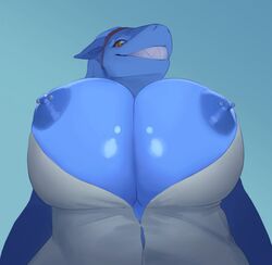 anthro anthrofied areolae aria_(neracoda) big_breasts breasts breasts_out busty cleavage female female_focus female_only huge_breasts large_breasts neracoda nipple_piercing nipples piercing shark shark_girl shark_humanoid shark_tail solo standing swimsuit tagme