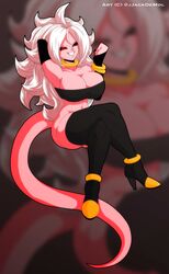 1girls android_21 blindstash breasts dragon_ball dragon_ball_fighterz gold gold_jewelry hand_behind_head high_heels jjackdemoi jjackjjack long_hair looking_at_viewer majin majin_android_21 monster_girl navel no_panties painted_nails pink_skin pinup solo solo_female tail thighhighs white_hair