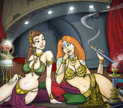 2girls armlet belly_dancer belly_dancer_outfit blue_eyes bracelet braid braided_hair brown_hair chains cleavage dancer dancer_outfit facepaint green_eyes harem harem_girl harem_outfit hookah hourglass_figure large_breasts loincloth long_hair metal_bikini nicolas_beaulieu-drolet orange_hair original_character princess_leia_organa slave slave_bikini slave_collar slave_leia slave_outfit slavegirl star_wars voluptuous wrong_eye_color