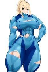 alternate_breast_size blonde_hair breasts busty female large_breasts metroid muscles musctonk muscular_female muscular_thighs nintendo ponytail samus_aran solo thick_thighs torn_clothes