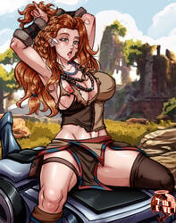 1girls 7th-heaven aloy breasts cleavage daruak dovoros female female_only freckles horizon_zero_dawn large_breasts long_hair muscular_female nipples red_hair ripped_clothing solo solo_female sweat sweatdrop tagme thick_thighs thighs torn_clothes torn_clothing