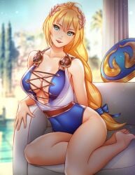 1girls absurdres areolae blonde_hair breasts center_opening female female_only highres leotard long_hair milf nipples pinkladymage solo sophitia_alexandra soul_calibur