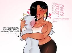 1boy 1girls anon big_breasts black_hair blush cinnabus closed_eyes dark-skinned_female dark_skin dialogue english_text face_between_breasts fangs female hair_over_one_eye happy heart heart_tattoo hug huge_breasts hugging i_love_you male medium_hair multicolored_hair multicolored_nail_polish open_mouth size_difference smaller_male sona_(cinnabus) speech_bubble taller_girl very_high_resolution white_background wholesome