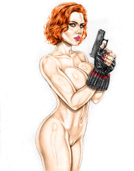 1girls action_pose areolae armando_huerta ass athletic athletic_female avengers belt big_breasts black_widow_(marvel) breasts bubble_butt busty celebrity curly_hair female female_focus female_only fingerless_gloves gun hourglass_figure human human_only light-skinned_female light_skin lipstick long_fingernails makeup marvel marvel_cinematic_universe nail_polish natasha_romanoff nipples nude nude_female nudity pinup pinup_pose pistol pose posing red_hair scarlett_johansson short_hair sideboob solo solo_female standing tagme thigh_holster weapon wide_hips