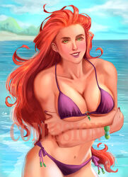 arms_under_breasts bikini cleavage dc dc_comics green_eyes koriand'r large_breasts long_hair looking_at_viewer nongning109 partially_submerged purple_bikini purple_swimsuit red_hair smile standing_in_water starfire swimsuit tamaranean teen_titans wading water