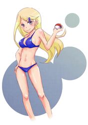 10s ace_trainer_(pokemon) ace_trainer_(pokemon_xy) astrid_(pokemon) bikini blonde_hair blue_bikini blush breasts cameltoe creatures_(company) female female_only game_freak hair_ornament hairclip hand_on_hip holding holding_poke_ball long_hair looking_at_viewer nintendo npc_trainer poke_ball pokemon pokemon_(game) pokemon_xy purple_eyes smile solo swimsuit