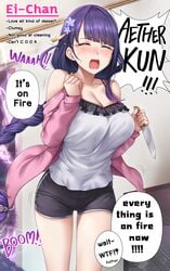 1girls accidental_circumstance aether_(genshin_impact) blush breasts casual cleavage closed_eyes clumsy cooking crying explosion female genshin_impact highres humor knife large_breasts open_mouth purple_hair raiden_shogun sad short_shorts shorts tank_top text yakimi_27