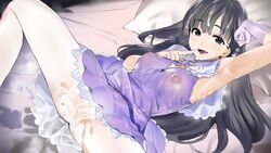 after_sex armpits bed blush cameltoe clothing covered_nipples cum cum_on_clothes cum_on_hair cum_string cushion dress eyebrows_visible_through_hair facial female finger_to_mouth gloves heavy_breathing hime_cut idolmaster idolmaster_cinderella_girls kitou_sakeru kobayakawa_sae long_hair looking_at_viewer lying nipples on_back pussy_juice pussy_juice_stain see-through see-through_clothing single_glove smile solo spread_legs white_legwear