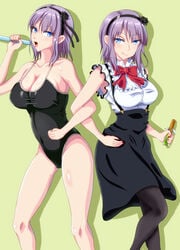 blue_eyes breasts candy dagashi_kashi female looking_at_viewer one-piece_swimsuit open_mouth painted_nails purple_hair qoo red_nails ribbon shidare_hotaru short_hair swimsuit swimwear thighs tongue tongue_out