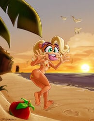 1girls anthro ass barefoot beach bikini casual coco_bandicoot crash_(series) erect_nipples eyewear feet female flat_chest footprint fur furry micro_bikini outdoors small_breasts solo sunset tongue tongue_out wumpa_fruit