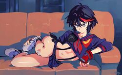 1girls angry arm_support asian_female ass bandaid bare_legs black_hair bob_cut characterful closed_legs clothed couch cute fingerless_gloves full_body fully_clothed holding_own_foot indoors kill_la_kill light-skinned_female looking_at_viewer lying lying_on_side magical_girl matoi_ryuuko midriff office optionaltypo posing pout red_hair school_uniform scowl senketsu serafuku side_view skirt skirt_lift sneakers socks solo solo_female stare studio_trigger teasing tomboy two_tone_hair upskirt