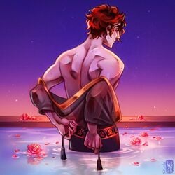 1boy beautiful_background facing_away_from_viewer julian_devorak masculine scratch_marks the_arcana undressing