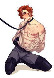 1boy abdomen arms_behind_back artist_request blushing body_hair bulge bulge_through_clothing chest_hair clothed dog_collar julian_devorak leash_and_collar looking_away male_focus male_nipples malesub offscreen_character on_knees open_clothes open_shirt red_hair redhead solo solo_focus submissive_male the_apprentice the_arcana tied_hands