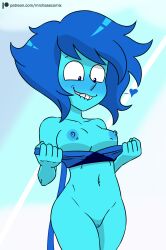 1girls biting_lip blue_eyes blue_hair blue_nipples blue_skin blush bottomless breasts cartoon_network female gem_(species) lapis_lazuli_(steven_universe) looking_down mr._chase_comix navel nipples pussy short_hair small_breasts solo steven_universe