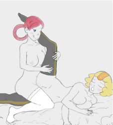 2girls battle_chatelaine blonde_hair blush breasts female female_only lanuit_(pokemon) multiple_girls nintendo nipples nita_(pokemon) nude nude_female nurse_joy pokemon pokemon_xy scissoring short_hair somefag_(artist) stockings tribadism yuri