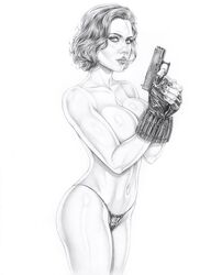 1girls action_pose areolae armando_huerta ass athletic athletic_female avengers belt big_breasts black_widow_(marvel) breasts bubble_butt busty celebrity curly_hair female female_focus female_only fingerless_gloves greyscale gun hourglass_figure human human_only light-skinned_female light_skin lipstick long_fingernails makeup marvel marvel_cinematic_universe medium_hair monochrome nail_polish natasha_romanoff nipples nude nude_female nudity panties pinup pinup_pose pistol pose posing red_hair scarlett_johansson short_hair sideboob solo solo_female standing weapon wide_hips