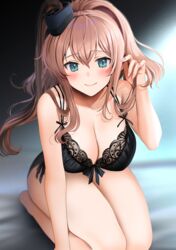 1girls big_breasts blue_eyes blush bra breasts brown_hair green_eyes kantai_collection lace lingerie looking_at_viewer saratoga_(kantai_collection) thick_thighs thighs yunamaro