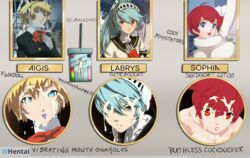 3girls aegis_(persona) aigis_(persona) atlus blonde_hair blue_eyes blue_hair english_text female female_focus female_only glory_hole labrys megami_tensei mind_control multiple_girls persona persona_3 persona_4_arena persona_5 persona_5_scramble:_the_phantom_strikers red_eyes red_hair robot robot_girl sophia_(persona_5) text whentai