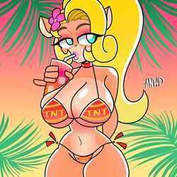 anthro anwd bikini breasts bubble_butt coco_bandicoot crash_(series) drink female large_breasts lips solo string_bikini thick_lips thick_thighs tnt tnt_crate_bikini wide_hips