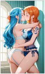 2girls ai_generated girl_on_girl lesbian_couple lesbian_domination lesbian_focus lesbian_kiss lesbian_sex lingerie nami_(one_piece) nefertari_vivi one_piece yuri yuri yuri