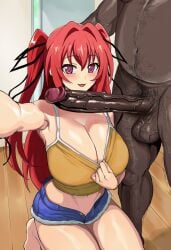 1boy 1boy1girl 1girls ai_generated aroused balls blush cheating cheating_(relationship) cheating_female cheating_girlfriend cleavage dark-skinned_male fat_male female girthy_penis hairy_male indoors interracial kneeling large_breasts large_penis long_penis male male/female naruse_mio naughty_face netorare ntr on_floor open_mouth pulling_clothing reaching_out red_eyes red_hair room selfie shinmai_maou_no_testament solo_focus straight tank_top teasing testicles thighs tugging_clothing twintails unzipped veiny_penis waroffree yellow_tank_top