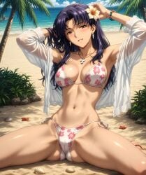 ai_generated bangs bare_shoulders beach black_lingerie blush breasts female female_only long_hair looking_at_viewer misato_katsuragi necklace neon_genesis_evangelion parted_bangs pendant purple_hair pussy_outline sand smile solo swimsuit swimwear