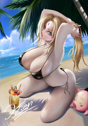 1animal 1girls adjusting_hair alternate_hairstyle big_breasts bikini black_bikini blonde_hair breasts brown_eyes cleavage clothed_female drink glass huge_breasts human k.en kneeling mature mature_female naruto naruto_(series) naruto_shippuden ocean on_knees palm_tree pig ponytail sand shore swimsuit tonton tsunade tying_hair