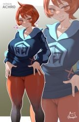 1girls achromaru arezu_(pokemon) artist_logo black_pantyhose blue_hoodie breasts cameltoe cowlick diamond_clan_outfit female gradient_legwear gradient_pantyhose highres hood hoodie large_breasts logo looking_at_viewer nintendo pantyhose patreon_username pokemon pokemon_legends:_arceus red_eyes red_hair red_pantyhose short_hair smile solo two-tone_pantyhose zoom_layer