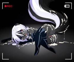 absurd_res after_anal after_gangbang after_oral after_sex after_vaginal aftermath anthro ass black_body black_fur bodily_fluids bondage bondage bondage_gear bound breasts cum cum_covered cum_in_ass cum_in_mouth cum_in_vagina cum_inside cum_on_face diana_rayablanca female fur genital_fluids hair hi_res looking_at_viewer makeup mammal mephitid messy recording recording_video skelly_doll skunk solo tired tired_eyes white_hair