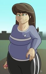 2d 2d_(artwork) 2d_artwork angry angry_expression angry_face april_fools bandage bandage_on_face bbw breasts brown_hair building building_background buildings chubby chubby_belly chubby_female diana_(jamearts) digital_drawing_(artwork) digital_media_(artwork) female green_eyes gym_teacher hand_on_hip hips human human_female jamearts jimmy’s_sloppy_life large_breasts long_hair tan_body tan_skin teacher whistle_(object) wide_hips