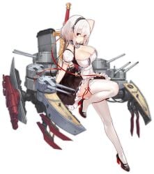 anchor anchor_choker apron arm_up azur_lane black_background black_footwear blush breasts cannon cg choker cleavage closed_mouth collarbone dress female frilled_choker frills full_body garter_straps hair_between_eyes hairband high_heels holding holding_sword holding_weapon lace-trimmed_hairband lace_trim large_breasts leg_up looking_at_viewer machinery official_art puffy_sleeves red_eyes red_ribbon ribbon_trim rigging shoes short_hair short_sleeves sidelocks simple_background sirius_(azur_lane) skirt solo standing standing_on_one_leg sword thighhighs transparent_background turret waist_apron weapon white_apron white_hair white_thighhighs