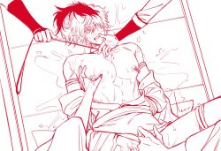arms_behind_back bite_mark blush bondage feige's_violent_words gay gintama gintoki_sakata implied_anal implied_penetration implied_sex kimono looking_at_viewer male male_only monochrome multiple_boys nipple_clamp no_visible_genitalia on_back pec_grab pec_grasp pecs rape restrained rope rope_bondage sketch solo_focus yaoi