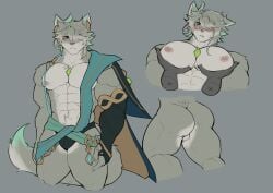 1boy abs alhaitham_(genshin_impact) anthro ass balls bara black_gloves black_male_underwear blush bulge claws disembodied_hand english_commentary felid feline fingerless_gloves furrification furry furry_male genshin_impact gloves grey_background highres jcxraf male male_underwear multiple_views muscular muscular_male navel nipples pectoral_grab pectorals single_glove sweatdrop tail testicles topless_male underwear