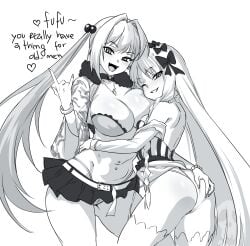 2girls ass_grab belly_button big_ass braided_hair brat bratty collar earrings fangs fate/grand_order fate/strange_fake fate_(series) francesca_prelati_(fate) gyaru huge_breasts hugging icantdravv matsunaga_hisahide_(fate) navel_piercing necklace simple_background skirt smug smug_face teasing thick_thighs visible_panties