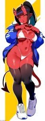ai_generated black_hair demon_girl female horns lips meru_(merunyaa) pinup red_skin solo tail viriai yellow_eyes