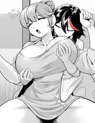 1futa 1girls age_difference big_breasts blush breasts futa/female futa_on_female futanari huge_breasts kill_la_kill long_hair looking_at_viewer mankanshoku_sukuyo matoi_ryuuko mature mature_female medium_hair monochrome open_mouth