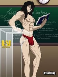 1boy alternate_version_available angry_face black_hair classroom male male_nipples male_only muscular_male my_hero_academia red_boxers shouta_aizawa solo_male vispaking