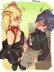 2futas 2girls action_lines belle_(zenless_zone_zero) burnice_white clothed clothed_sex english_text flushed flushed_face frotting hearts_around_head hiddenfuchsia licking_lips onomatopoeia tagme text under_clothes under_skirt zenless_zone_zero