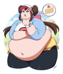 2019 bbw belly_button big_belly blue_eyes brown_hair cake double_chin fat fat_belly fat_female fat_woman female female girl jeetdoh large_belly morbidly_obese morbidly_obese_female obese obese_female pokemon pokemon_bw2 rosa_(pokemon) ssbbw thinking thought_bubble