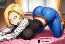 ai_generated android_18 arched_back ass big_ass big_breasts blonde_female blonde_hair blue_eyes clothed clothing dragon_ball dragon_ball_z jeans laying_on_bed narrow_waist prone t8r wide_hips