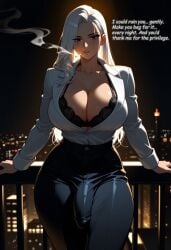 1futa ai_generated balcony big_breasts big_penis black_bra black_eyes black_lace bulge cigarette city city_background cityscape cleavage dark_lighting dialogue dominant_futa eye_scar fit futa_only futadom futanari intersex leaning_back long_hair long_sleeves looking_at_viewer mafia mafia_boss maos night pants penis_under_clothes slightly_muscular smoking thick_thighs white_hair white_shirt wide_hips