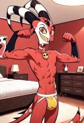 abs ai_generated ass biceps blitzo_(helluva_boss) blush demon demon_boy gay helluva_boss horns jockstrap jockstrap_only looking_at_viewer male male_only muscular muscular_male nipples nude_male open_mouth pecs red_eyes sharp_teeth smile toned_body toned_male twall97 yellow_sclera